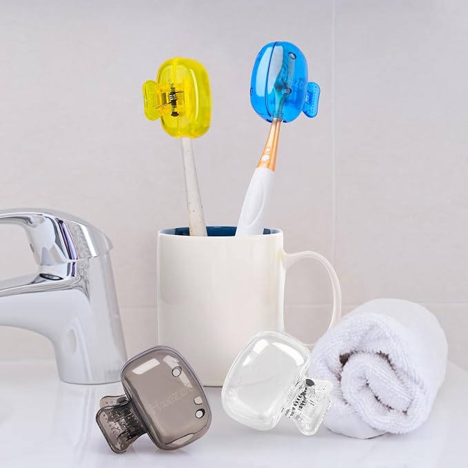 Hxezoc 4 Pack Toothbrush Covers Toothbrush Holders Portable Toothbrush Protector Cap Brush Pod Case Protective Plastic Clip for Household Travel, Camping, Bathroom, School, Business