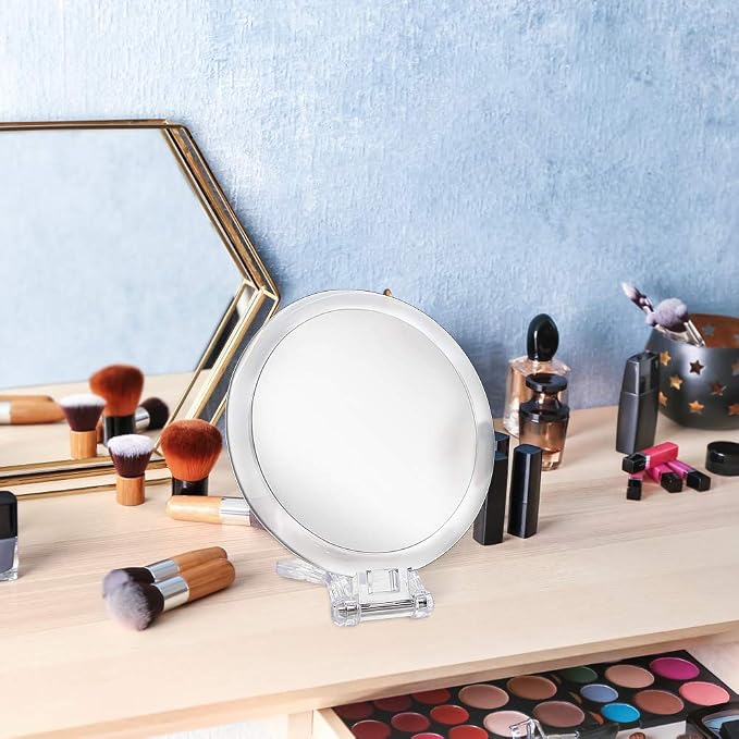 Double Sided Hand Held Makeup Mirror, Adjustable Folding Handle | 1X & 7X Magnifying, Distortion-free & HD, Portable, Transparent & Round (6") Handheld Mirror for Women & Men, Makeup, Shaving