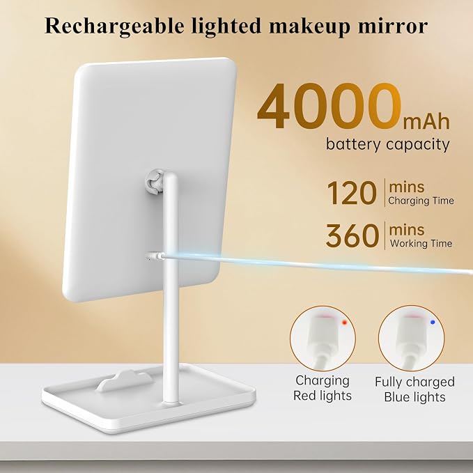 FUNTOUCH 4000mAh Rechargeable Vanity Mirror with Lights 40X Magnifier,White | 3-Color Lighting Makeup Mirror with Lights & 84 LED,360°Rotation Touch Dimmable Lighted Makeup Mirror for Bedroom Tabletop