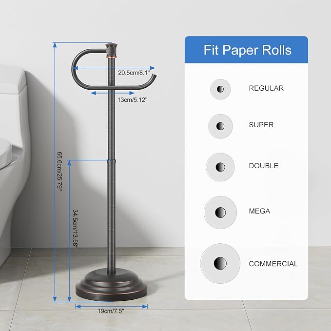 RUMOSE Toilet Paper Holder Stand for Floor Free Standing, Bronze | Bathroom Freestanding Toilet Tissue Roll Holder with Storage, Adjustable 17-25 Inch, Rustproof, SUS304 Stainless Steel