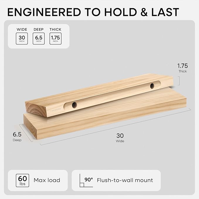 30 inch Natural Floating Shelf, High End Solid Real Wood 30inch Small Floating Shelves for Wall Mounted, Natural Wooden Floating Shelves, Heavy Duty Bracket, 30 X 6.5 X 1.75 in, Set of 3