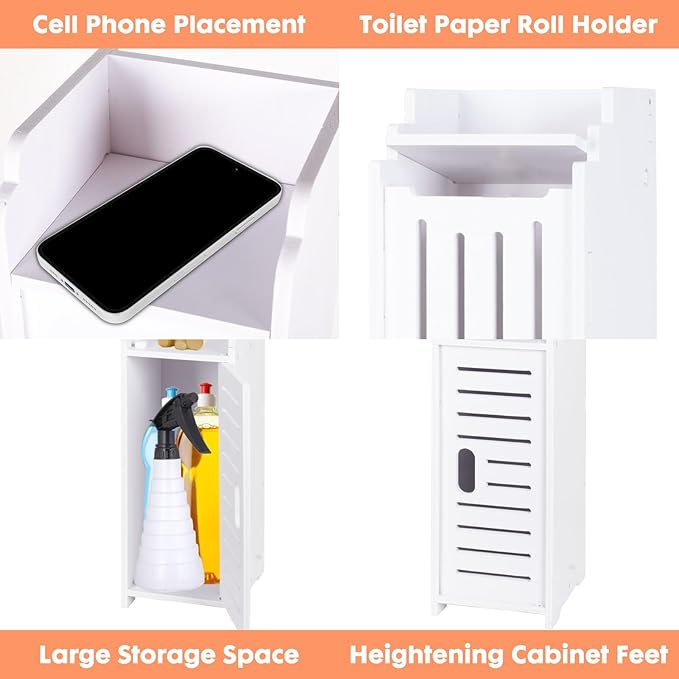 ShellKingdom Toilet Paper Holder Stand, Bathroom Storage Cabinet with Doors | Slim Storage Cabinet for Bathroom Small Spaces Corner Shelf Organizer - White