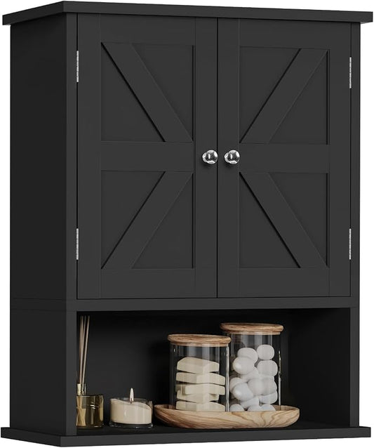 Bathroom Wall Cabinet, Over The Toilet Space Saver Storage Cabinet with Barn Doors & Adjustable Shelf, Hanging Medicine Cabinet, Black UNGGX003HV1