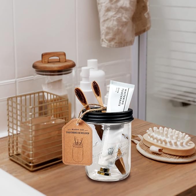 Amolliar Mason Jar Toothbrush Holder - Rustproof Stainless Steel, Black | Toothbrushes and Toothpaste Holder with Chalkboard Labels - Farmhouse Décor Bathroom Countertop and Vanity Storage Organizer