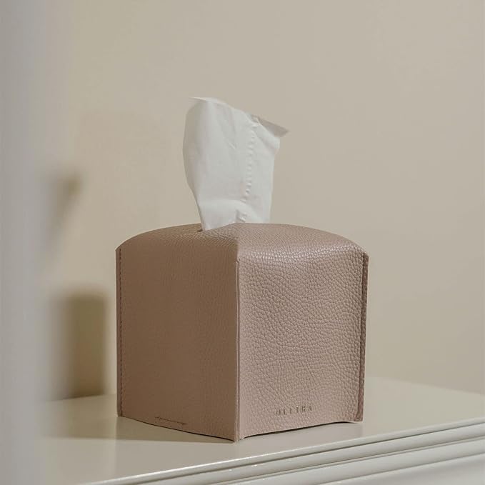 OLETHA Square Tissue Box Cover, Aesthetic Desk Decor, Pink | Faux leather tissue box holder for room, home, office; fits Kleenex & Puffs cube boxes; velcro base; easy swap; wipes clean