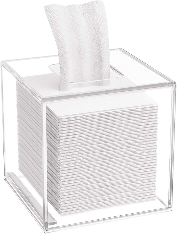 Acrylic Tissue Box Cover 5.4x5.4x5.4'' Clear Tissue Holder Napkin Dispenser for Home Office Restaurant-Clear | Bottom Magnet Closure, for Home Office Restaurant Vanity Desk TableTop