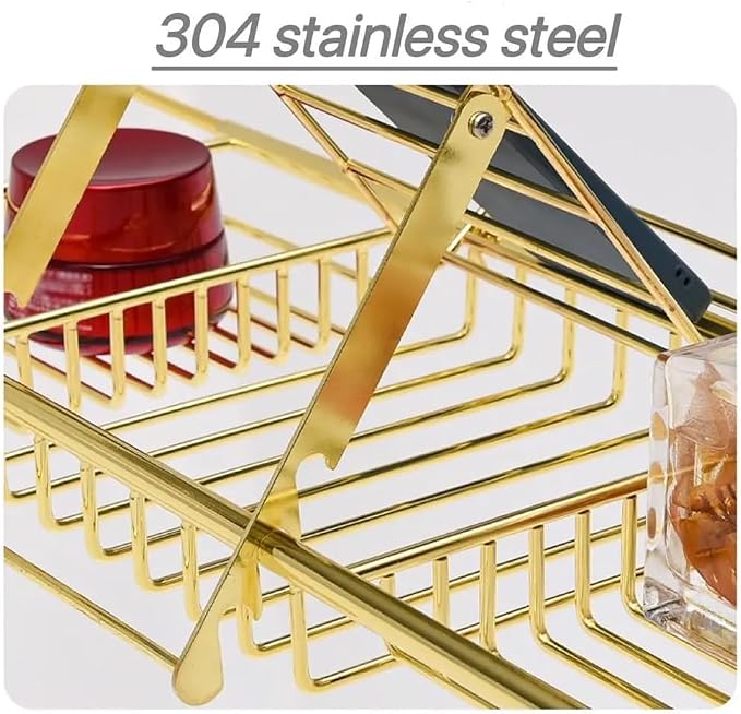 Bathtub Caddy Tray, Stainless Steel Extendable Bath Tub Tray Table in Brushed Gold Finish with Removable Book Holder Rack Holder, Expandable Bath Tub Shelf for Reading, for Home Bathroom