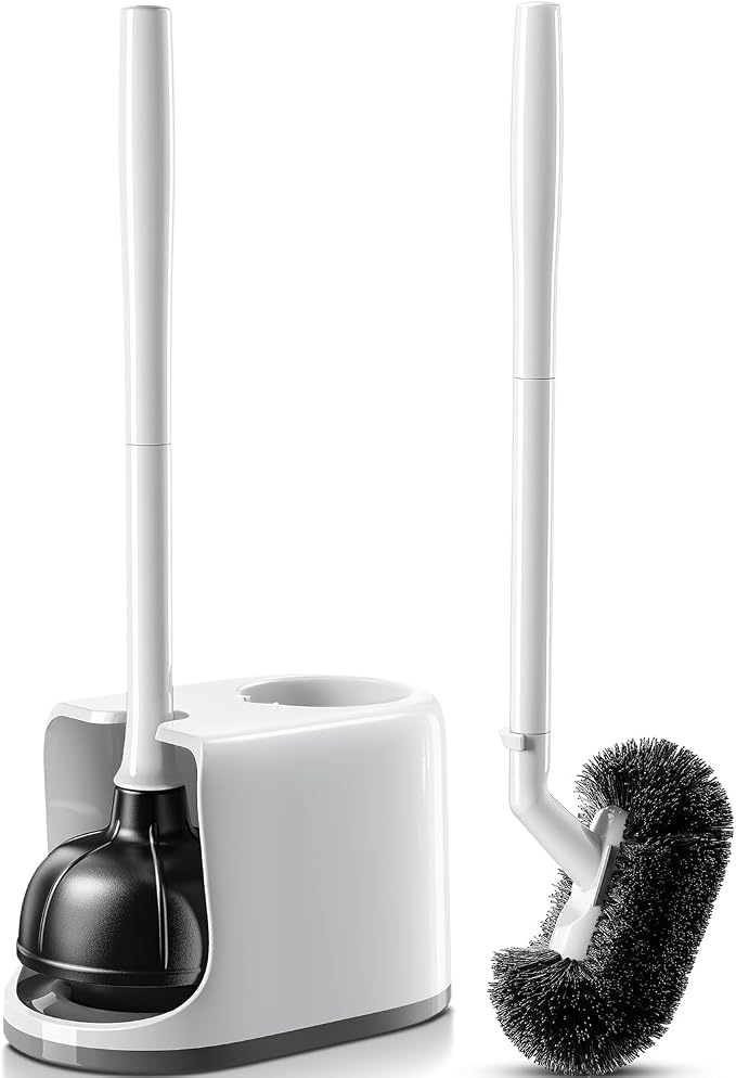 HAMITOR Toilet Plunger Brush Set: Curved Bristles Design for Deep Cleaning | Deep Cleaning Under Rim, Heavy Duty Rubber for Unclog- Compact Bathroom Cleaning Tools for New Homet Essentials - White