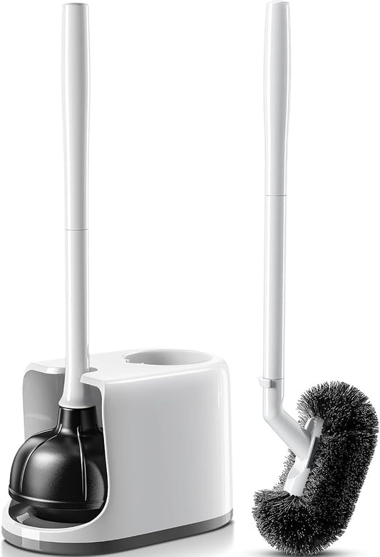 HAMITOR Toilet Plunger Brush Set: Curved Bristles Design for Deep Cleaning | Deep Cleaning Under Rim, Heavy Duty Rubber for Unclog- Compact Bathroom Cleaning Tools for New Homet Essentials - White