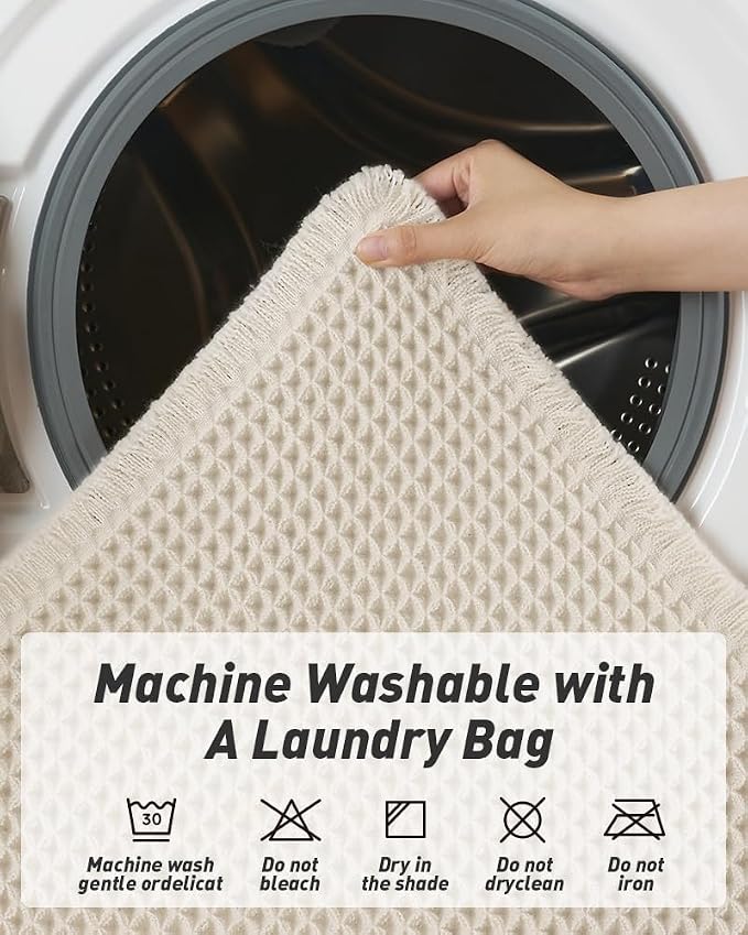 AMOAMI Upgraded Waffle Bath Mat, Super Absorbent Non Slip Bath Mats for Bathroom Floor, Machine Washable Bathroom Rugs with Tassels, Rubber Backed Bathroom Mats, Ultra Soft, 18" x 30", Pale Beige