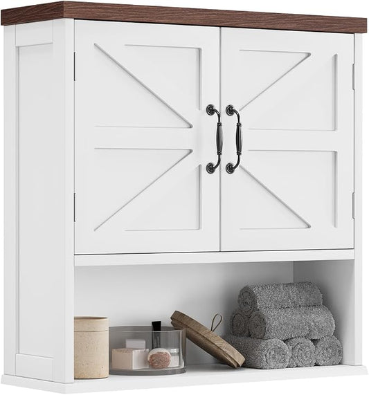 Smuxee Farmhouse Bathroom Cabinet Wall Mounted, White Medicine Cabinet with Adjustable Shelf, Bathroom Cabinet for Living Room, Laundry Room