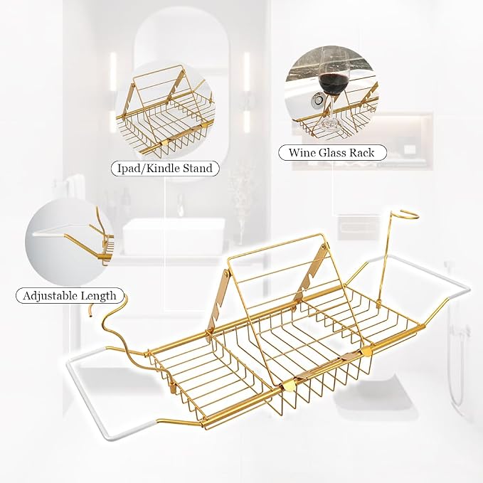 Bathtub Caddy Tray, Expandable Bath Tub Table with Removable Book Holder Red Wine Rack Holder, for Home Kitchen Bathroom,Gold