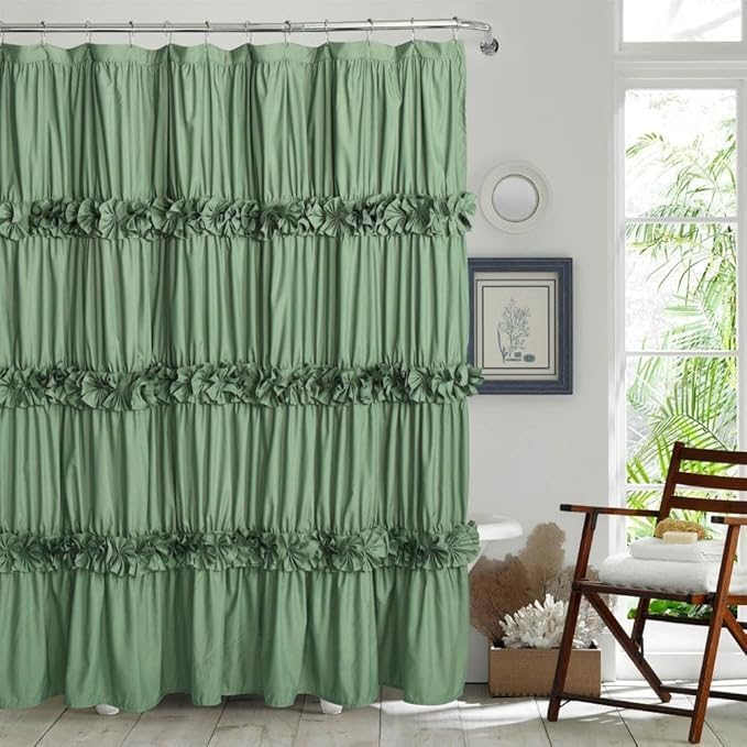 Light Green Ruffle Shower Curtain 72“ W x 84” H | Vintage Handcrafted Bow Tie Bath Curtain for Master Bathroom, Ruched Microfiber Bathroom Curtain with 12 Buttonholes (LQ-10)