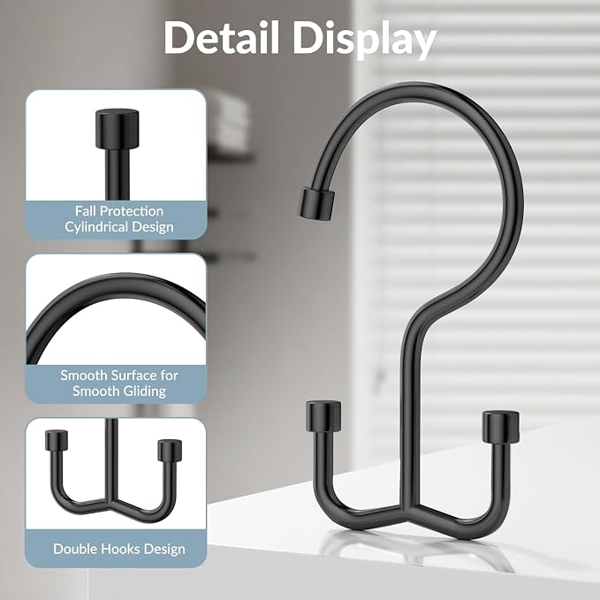 OEH Shower Curtain Hooks, 12 Pcs Shower Curtain Rings, Durable Black Shower Curtain Hooks Rust Proof, Shower Rings for Curtain, Free Sliding Anti-Drop Double Shower Hooks for Shower Curtain Rod, Black