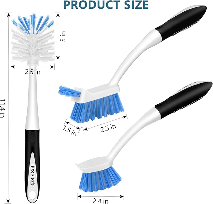 SetSail 3 Pack Dish Brush Set, Long Handle Kitchen Scrub Brush(Black Blue) | Built-in scraper tip, non-slip rubber handle, PET stiff bristles. Hanging loop for storage. for Dishes pots, pans, bottles