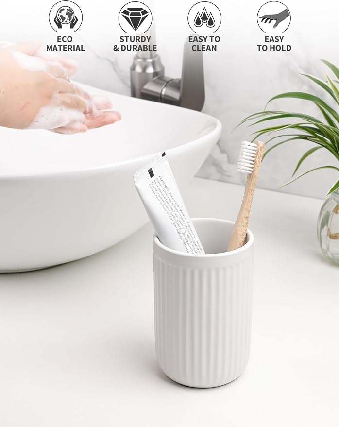 BosilunLife Ceramic Toothbrush Holder - 12oz Bathroom Toothbrush Holder Tooth Brush Holders Tumbler Cups Reusable Toothbrush Mouthwash Cup Small Toothbrush and Toothpaste Holder, Striped White