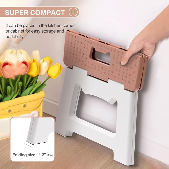 9'' Folding Step Stools for Kids & Adults, Hold Up to 300 Lbs Khaki | Portable Foldable Step Stool for Toddlers, Plastic Small Collapsible Stepping Stools with Handle for Kitchen Bathroom