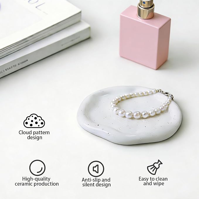 CHENACC Ceramic Jewelry Tray, White Round Cloud-Shaped Vanity Decorative Dish-Stylish Room Aesthetic Accessory, Catchall for Jewelry Watches Keys Round Plate Holder