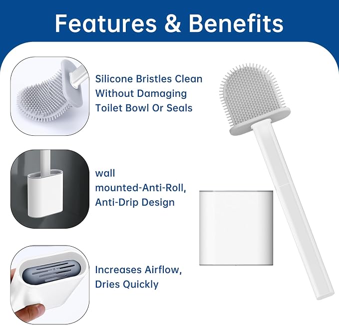 RV Toilet Brush, Grey Toilet Brush Silicone Won't Damage Toilets, Wall Mounted Toilet Brush-Anti-Roll, Anti-Drip Design, Suitable for RV Travel Trailers and Campers, Made by RVers for RVers
