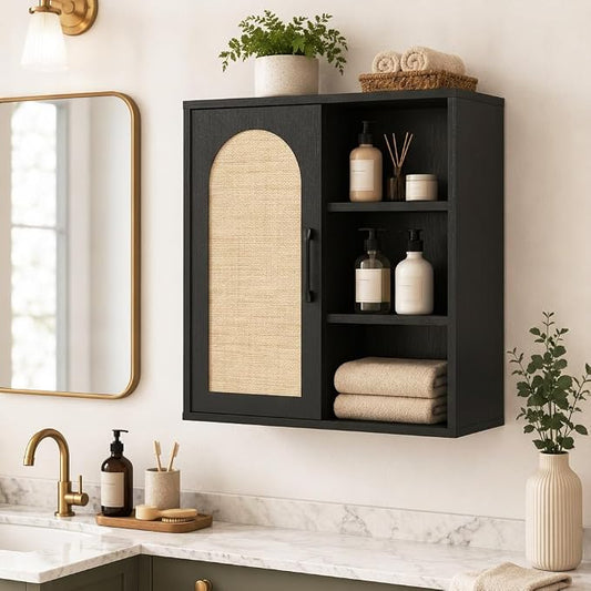 RUSTOWN Boho Rattan Bathroom Wall Cabinet with Sliding Door, Black | Farmhouse Bathroom Cabinet, Adjustable Shelves, Over The Toilet Storage Cabinet, 3-Tier Wall Mounted Cabinets