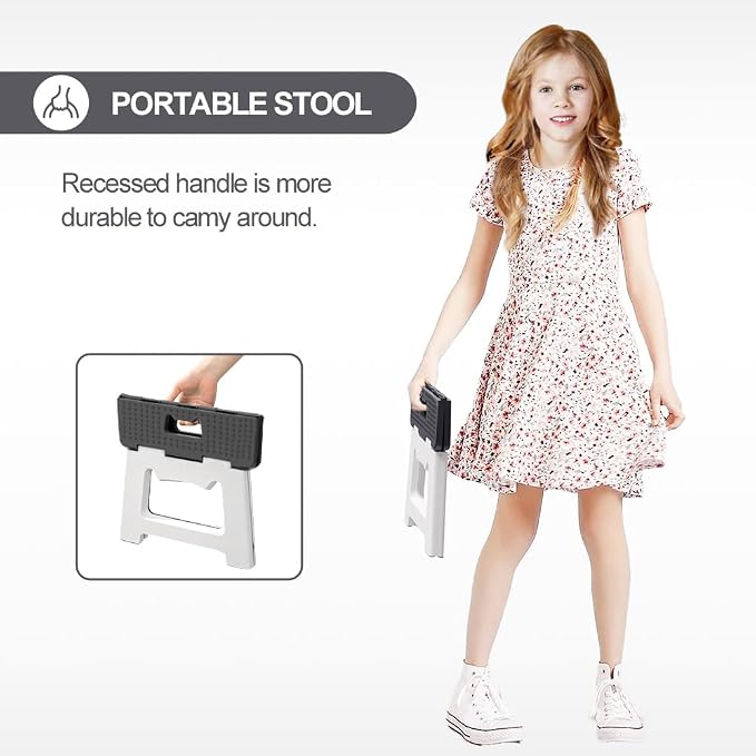 9'' Folding Step Stools for Kids & Adults, Hold Up to 300 Lbs Gray | Portable Foldable Step Stool for Toddlers, Plastic Small Collapsible Stepping Stools with Handle for Kitchen Bathroom