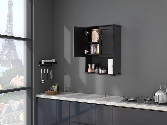 VANIRROR Bathroom Wall Mounted Wood Medicine Cabinet with Adjustable Shelf | 23"x 29" Black Over Toilet Storage Wall Hanging Cabinets for Entryway, Kitchen, Laundry Room