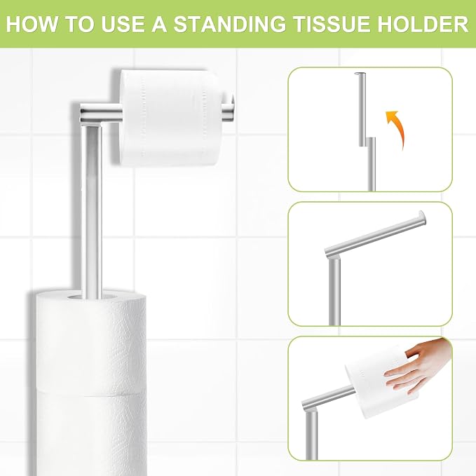 Freestanding Toilet Paper Holder Stand, Stainless Steel Bathroom Tissue Roll Storage with Reserve for 4-5 Rolls, Rustproof Modern Holder with Anti-Slip Base for Bathroom (Silver)
