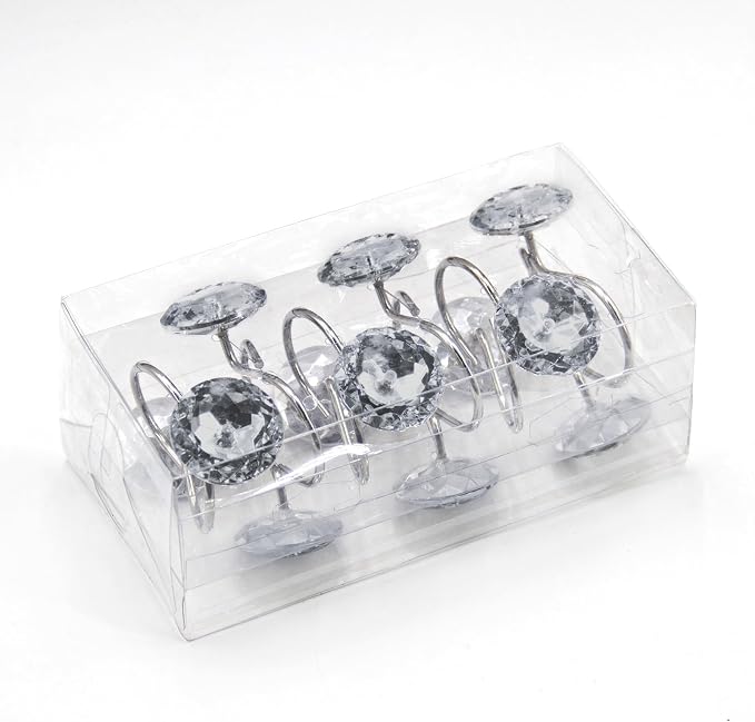 Crystal Diamond Round Shower Curtain Hooks Rings for Bathroom,Grey,12PCS | Acrylic Decorative Rhinestones Bling Shower Hooks Rings,for Bathroom Curtains Rod,Gem Metal Rust Proof Shower Hangers