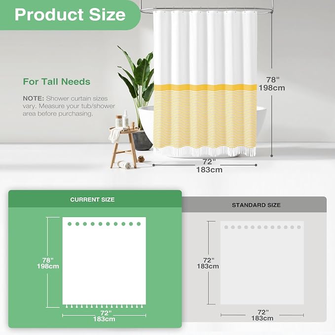 Modern Farmhouse Fabric Shower Curtain, 78 Inch Long Boho Yellow and White Striped Cloth Bathroom Shower Curtain with Tassels, Hotel Luxury Shower Curtain Set with 12 Hooks, Yellow, 72x78