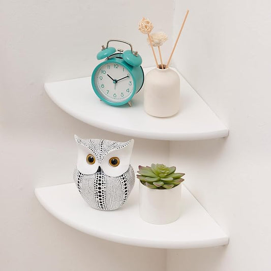 Corner Shelf, White Floating Corner Shelf, Set of 2 7inch Solid Oak Wood Corner Wall Shelves, Round End Wall Mount Display Shelf with Wire Hole for Small Plant for Bedroom Kitchen, Living Room
