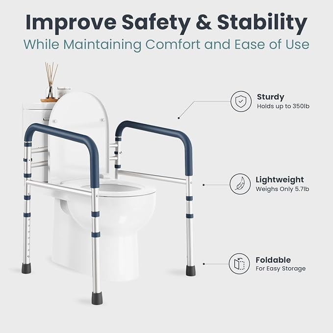 PELEGON Toilet Safety Rails (350 lb) - Adjustable Toilet Safety Frame & Rails, Toilet Safety Rail for Elderly Adults, Toilet Handles for Seniors, Toilet Bars for Elderly, Disabled & Handicap - Grey