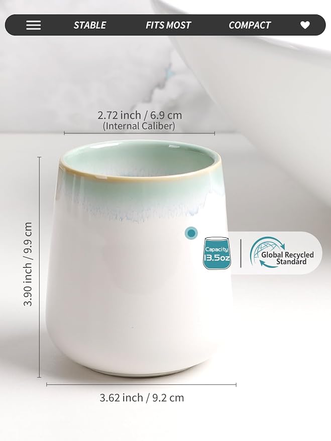 BosilunLife Bathroom Toothbrush Holder - Ceramic Toothbrush Cup Holder 13Oz White and Blue-Green Toothbrush Holder for Bathroom Toothbrush Toothpaste Holder for Bathroom Vanity Countertop Home