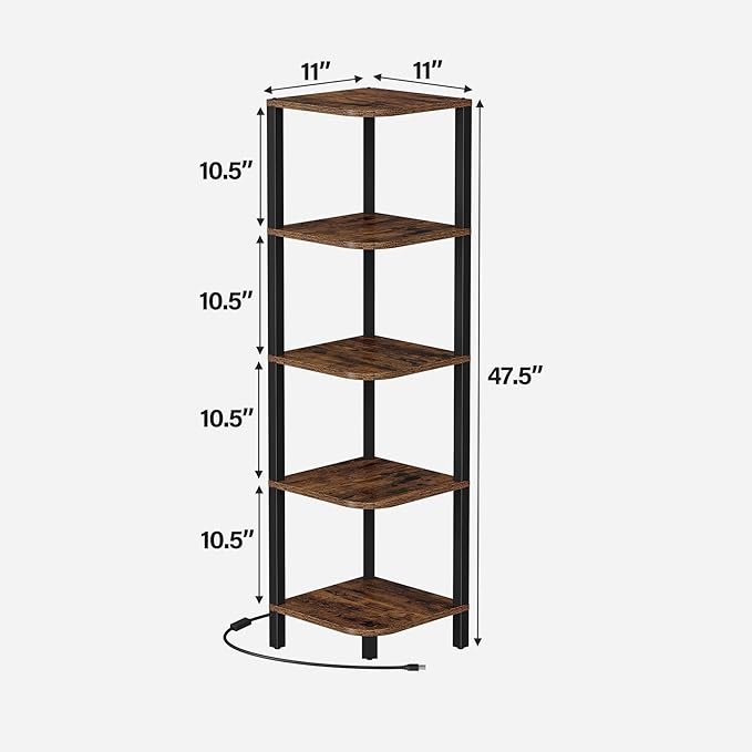 TUTOTAK Corner Shelf with LED Light, 5-Tier Corner Bookshelf | for Small Space, Narrow Display Corner Shelf Stand with Storage Rack, for Living Room, Bedroom, Rustic Brown BS08BB005L