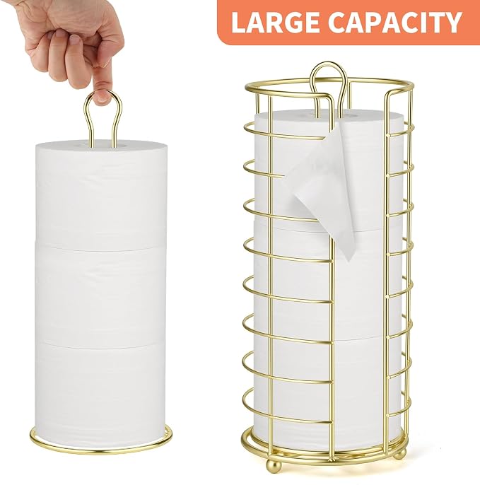 Toilet Paper Holder Stand,Freestanding,Gold | Bathroom Toilet Paper Organizer, 3 Mega Roll Toilet Paper Holder for Under Sink, Vanity, Cabinet Shelf