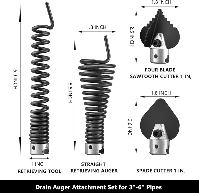 4-Piece Drain Snake Heads(7/8Inch)–Includes 4-Blade Saw Cutter,Spade Cutter&Augers–Compatible with K-1500,K-750 & 7/8"-1" Cables for 3" to 6" Pipes–Works with RIDGID,C-8,C-9,C-10 Cables
