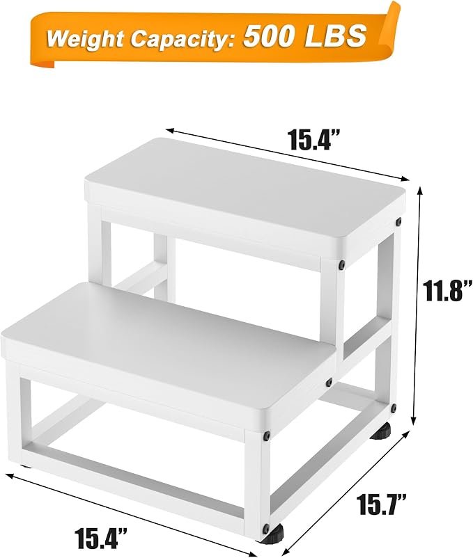 Step Stools for Adults Kids, Heavy Duty Stepping Stool Wooden Bed Step Stools for High Beds, Non-Slip 2 Bedside Foot Stool with 500 Lb Capacity for Bedroom Kitchen Bathroom Outside,Easy Assembly,White