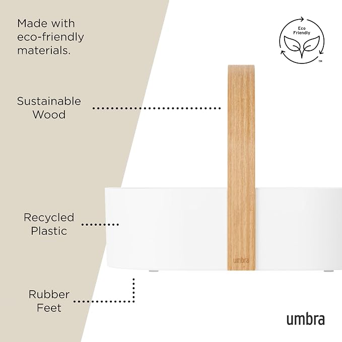 Umbra Bellwood Caddy, Wooden Handle Makeup Organizer, Small, White/Natural | Rubber feet protect surfaces, removable divider, lightweight portable design, easy to clean, recycled plastic body