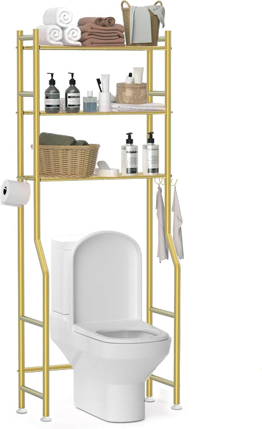 3-Tier Over Toilet Storage, Anti-Tilt, 64" H, Gold | Carbon Steel, 60lb Capacity, 26"L x 8.6"W x 64"H, Freestanding, 4 Hooks, No Drilling