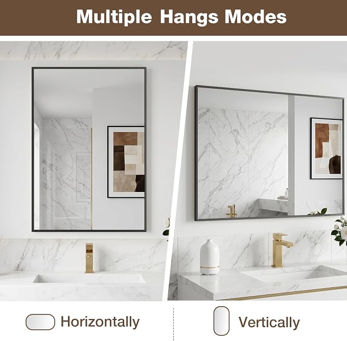 24"x36" Matte Black Rectangle Vanity Bathroom Mirror, Set of 2 | Aluminum Alloy Frame, Clear Reflection, Rust-Resistant, Vertical or Horizontal, Wall Mount, Bedroom and Entryway