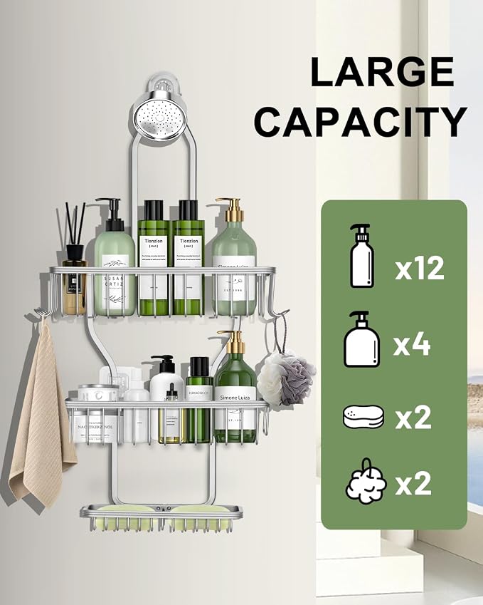 Shower Caddy Hanging - Never Rust Shower Hanging Organizer - Aluminum Over the ShowerHead Caddy with 6 Hooks for Razor/Sponge (Silver)