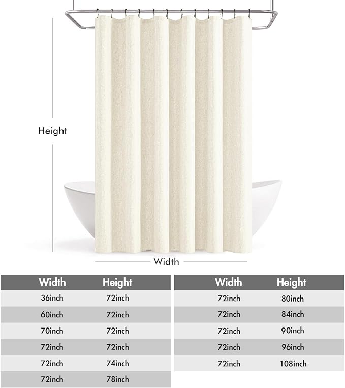 ANRODUO Ivory Linen Textured Fabric Shower Curtain Set - W72xL72 | Farmhouse Shower Curtain with 12 Metal Hooks, Waterproof Heavy Duty, Button Hole Design, Machine Washable for Bathroom
