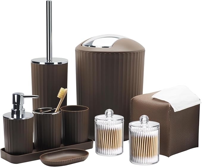 Bathroom Accessory Set, 10 Piece Brown Bathroom Set Complete | Includes Trash Can, Soap Dispenser, Toothbrush Holder, Soap Holder, Tumbler, Toilet Brush, Tray, Qtip Holders, Tissue Cover