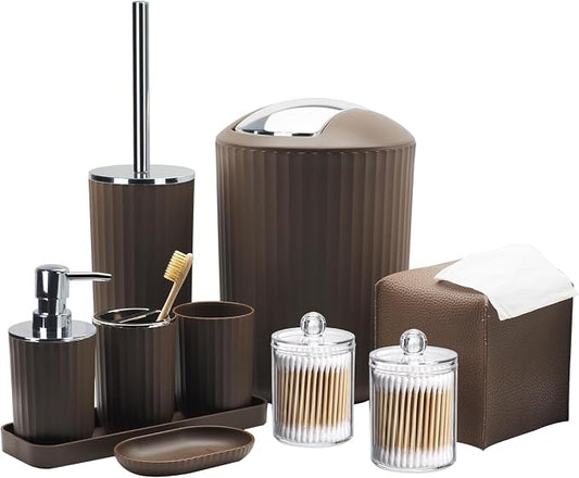 Bathroom Accessory Set, 10 Piece Brown Bathroom Set Complete | Includes Trash Can, Soap Dispenser, Toothbrush Holder, Soap Holder, Tumbler, Toilet Brush, Tray, Qtip Holders, Tissue Cover