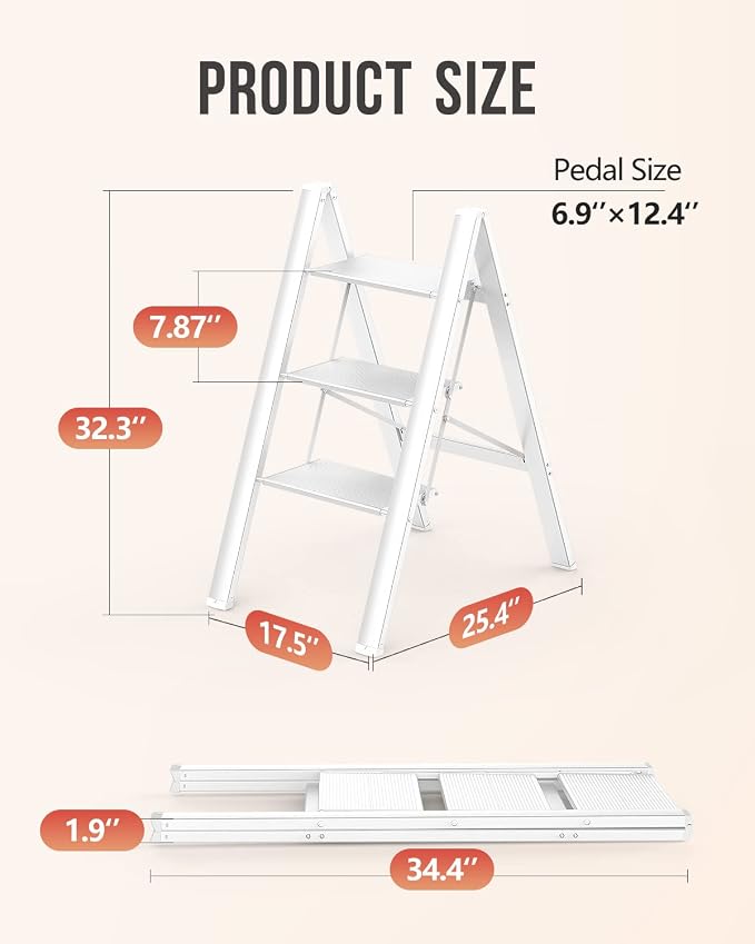 3 Step Foldable Step Stool, 300lbs Load, White | Folded 35''H x 2''T; Net 8 lbs; Non-Slip Feet: Wood/Tile/Carpet; Rigid Aluminum Steps; No Assembly; Ready From Box.