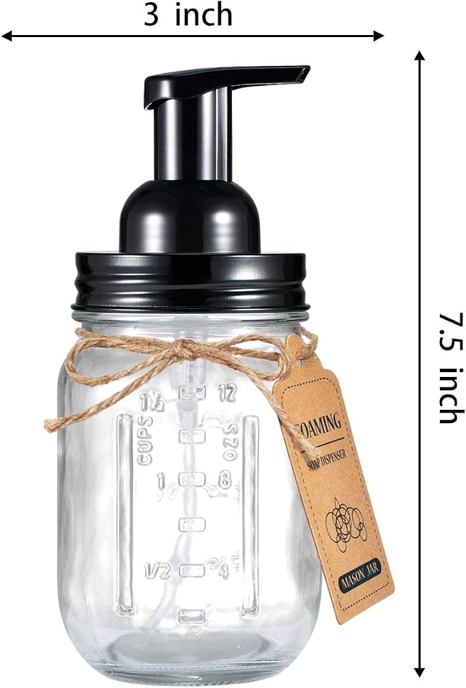 Amolliar Mason Jar Foaming Soap Dispenser, 16oz Glass Dispenser, Black | Rustproof Stainless Steel Lid Plastic Soap Pump, Rustic Farmhouse Decor, Refill Foam Hand Soap Dispenser for Bathroom Kitchen