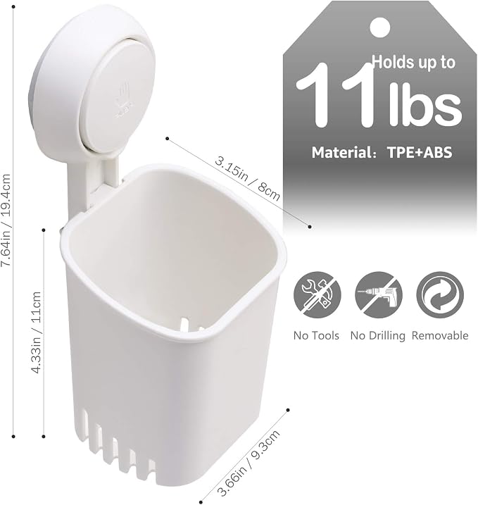Powerful Suction Cup Toothbrush Holder, Drill-Free Wall Shower Holder for Toothbrush, Toothpaste, Razor, Removable Suction Cup in Shower, Self-draining Kitchen Tableware Organizer, White