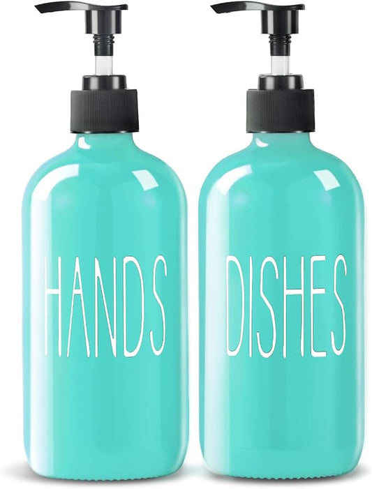 COHOSEGE Glass Soap Dispenser Set 2 Pack,16 Oz Dish Soap Dispenser for Kitchen Sink,Teal Kitchen Accessories and Kitchen Decor,Turquoise Decorations and Kitchen Utensils for Kitchen