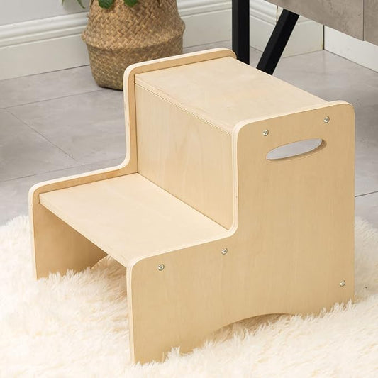 Wooden Toddler Step Stool for Kids, Bathroom Potty Stool & Kitchen Stool, Natural Two Step Stool for Bedroom, Children's Stool with Handles and Safety Non-Slip Pads