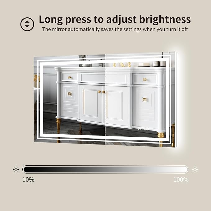WTTY 60" x 28" LED Bathroom Mirror with Light | Anti-Fog, Dimmable, 3 Color Temperature, Memory Function, Tempered Glass, IP54 Waterproof, ETL Listed