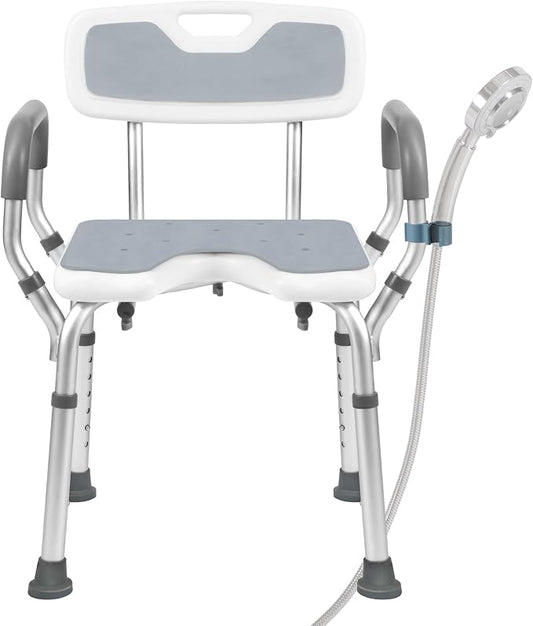 Shower Chair with Arms and Back, 330lbs Heavy Duty Bath Seat with U-Shaped Cutout, 21" Extra Wide Adjustable Shower Stool with 2 EVA Pads and Shower Head Holder, Tool-Free Assembly